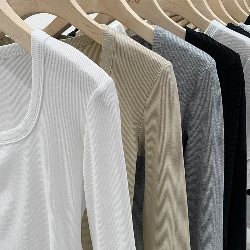 2025 New Spring And Autumn Style Threaded Square Collar Long-Sleeved T-Shirt Women's High Waist Leaky Navel Minority Solid Color Undercoat - Image 5