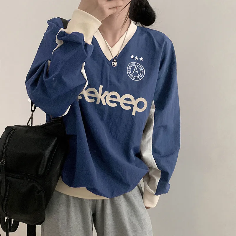 Leisure Fashion Color Letter Printed Baseball Blouse 2025 Loose V-Collar Medium And Long Woven Long-Sleeved T-Shirt In Early Autumn - Image 3