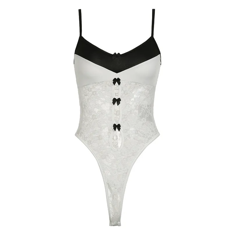 Pure Sexual Lace Splicing, Collision Color Bow, Hollowed-Out Suspenders, Spicy Girls' Waist And Thin Perspective Blouse.