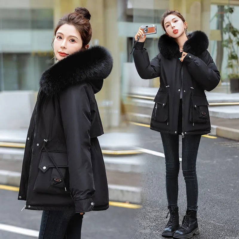 Cotton Suit Women 2024 Winter Long Plus Velvet Big Wool Collar Down Cotton Suit Korean Version Of Thick Warm Tide Cotton-Padded Jacket - Image 2