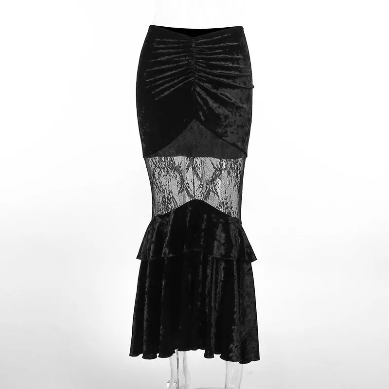 Znbbw Autumn New Sexy Perspective Embossed Skirt Dark Style Velvet Lace Spliced Half Skirt Girl - Image 2
