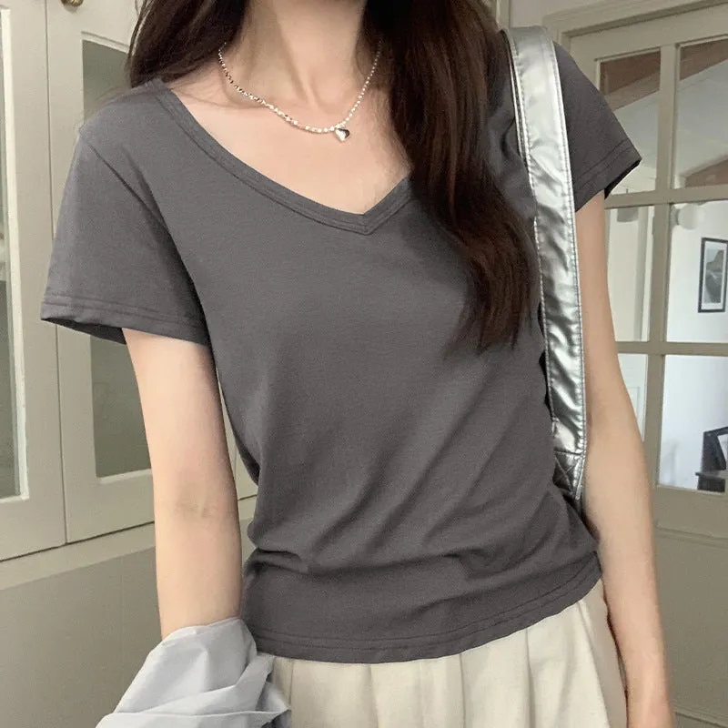 Simple V-Collar Solid Color T-Shirt Small Short-Sleeved T-Shirt Women's New Slim And Thin Underwear In Summer - Image 3