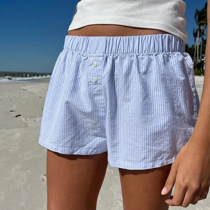 Holiday Style Simple Blue Striped Beach Shorts Loose Waist Sports Home Woven Casual Pants - Image 6