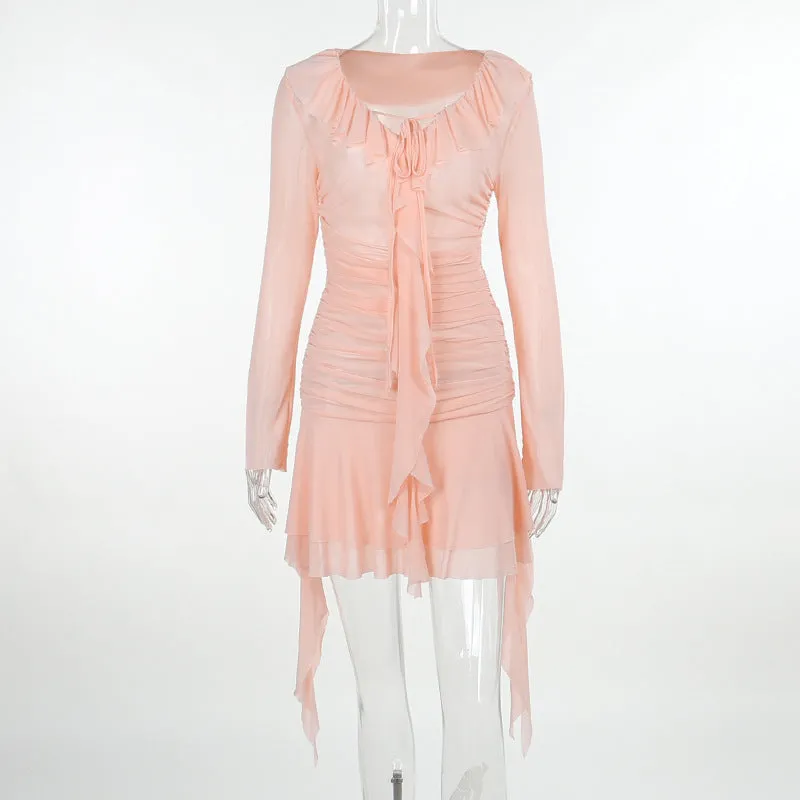 Znbbw Lotus Leaf Ribbon Ribbon Pleated Long-Sleeved Dress Ins Pure Fashion Autumn New Spicy Girls Hip Skirt