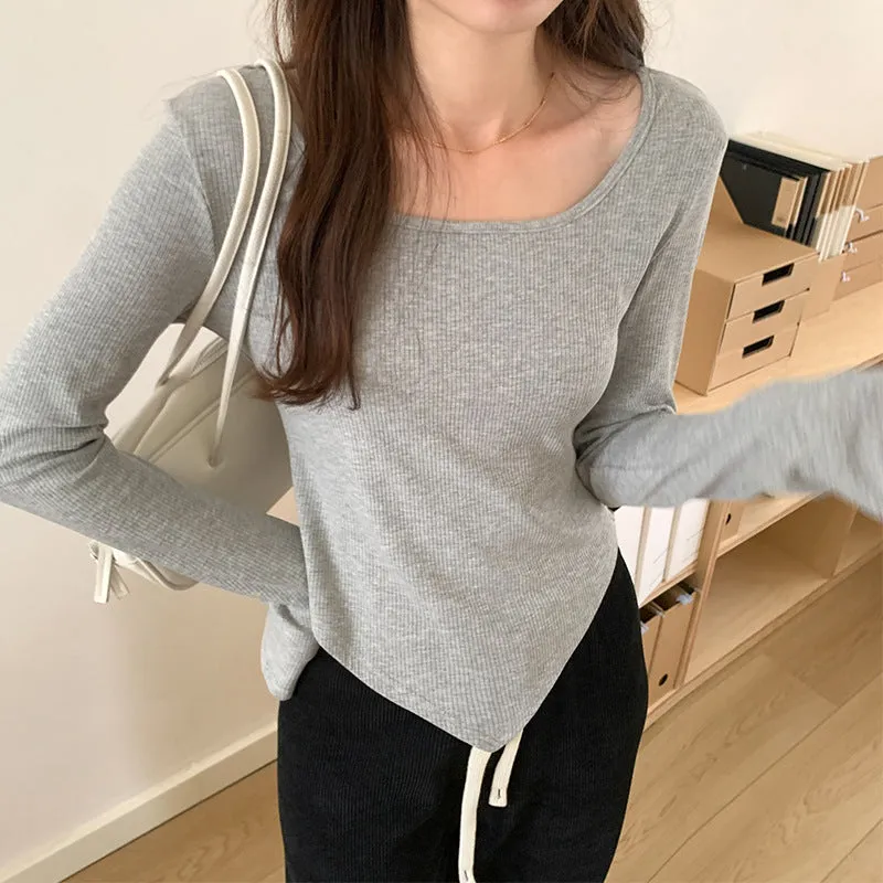 Znbbw Autumn Long-Sleeved T-Shirt Female Solid Color Leaking Clavicle Square Collar Positive Shoulder Design Irregular Bottomed Shirt Inside Jacket - Image 9