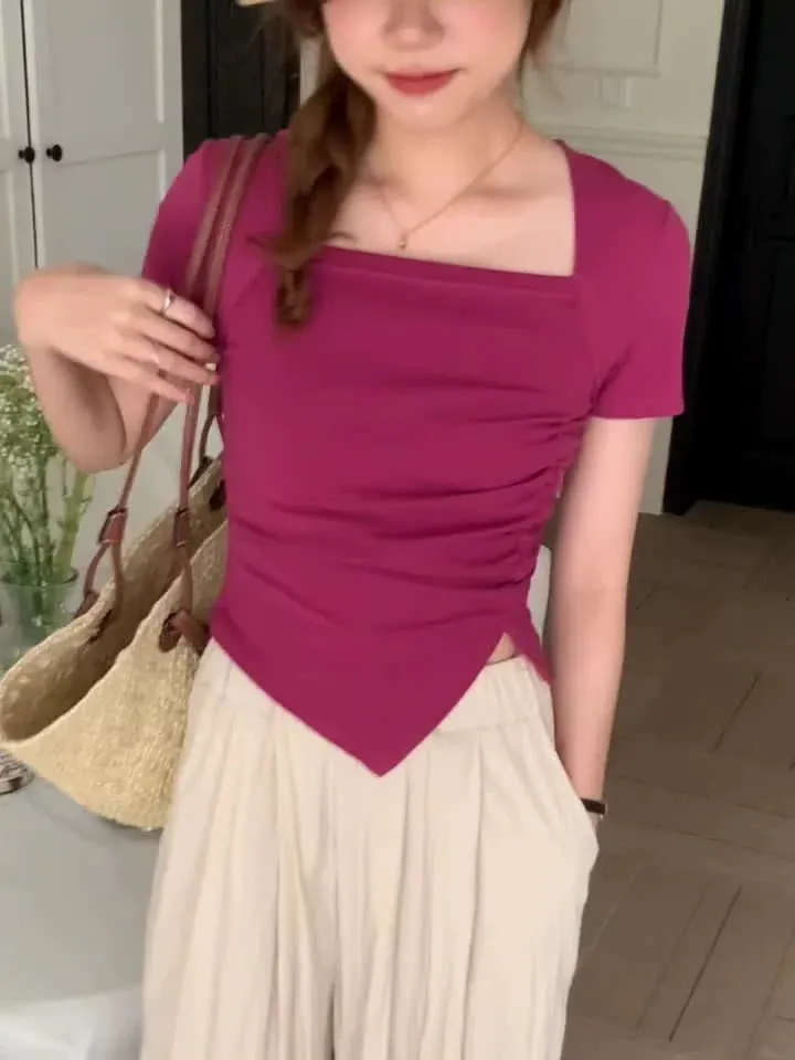 Shoulder Women's T-Shirt Shows A Sense Of Thin Short-Sleeved Design Minority Pleated Irregular Slimming Blouse Square Collar Clavicle T-Shirt - Image 9