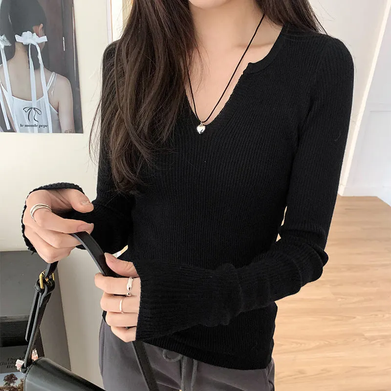White V-Neck Knitted Long-Sleeved T-Shirt Women's New Spring And Summer Style Slim And Thin Bottomed Shirt With A Shoulder Blouse - Image 3