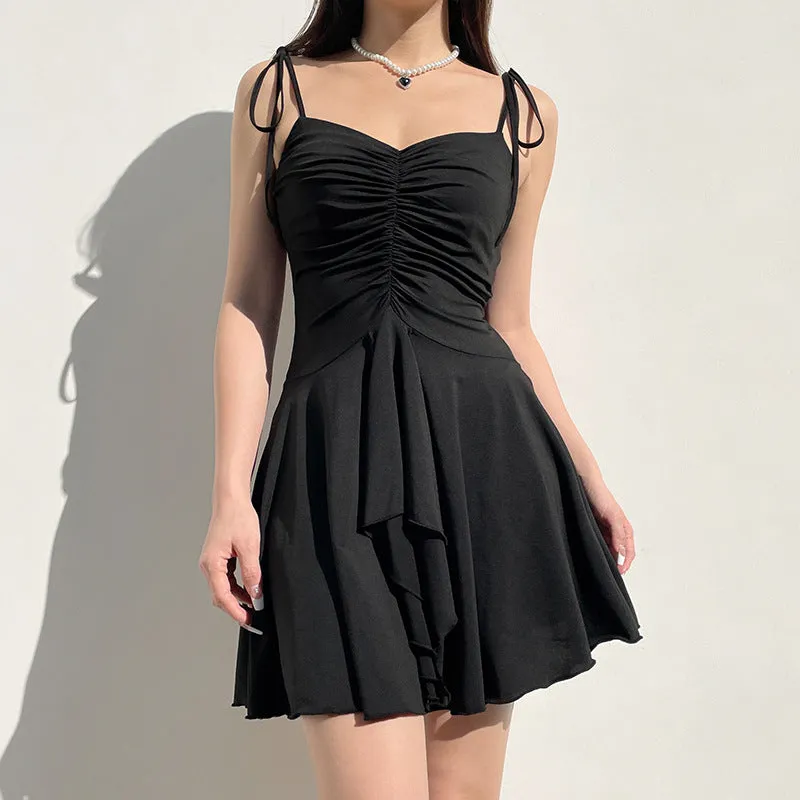 Sweet Maiden Fold Design V-Collar Halter Waist Dress Ins Trend Age-Reducing Little Black Dress 2024 Styles - Image 5