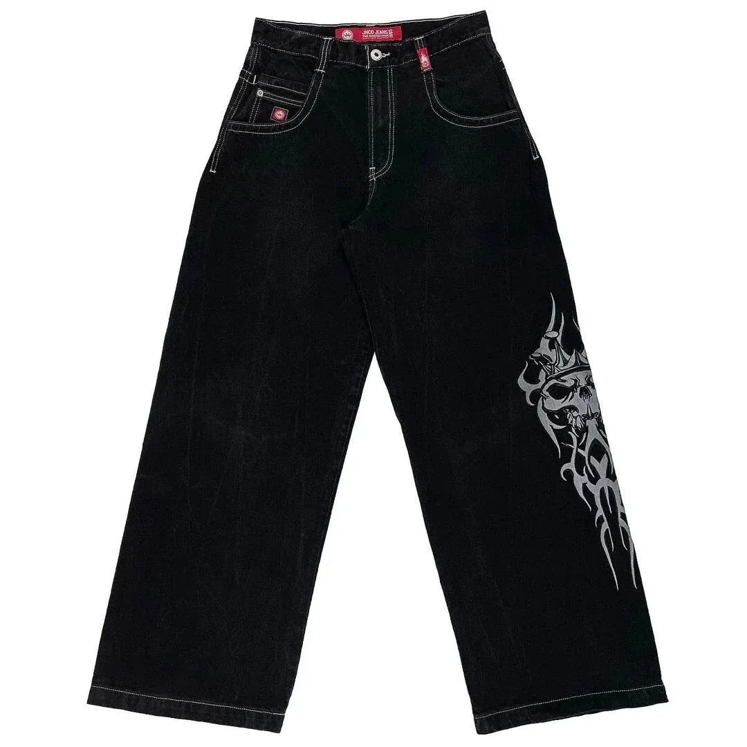 Znbbw Hip-Hop Rock Embroidered Loose Jeans Y2k Street Retro Harahara Wide-Legged Straight Trousers