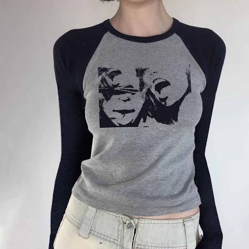 Street Portrait Printed Shoulder-Inserted Long-Sleeved T-Shirt 2024 New Retro Slim And Skinny Bottom Shirt - Image 2