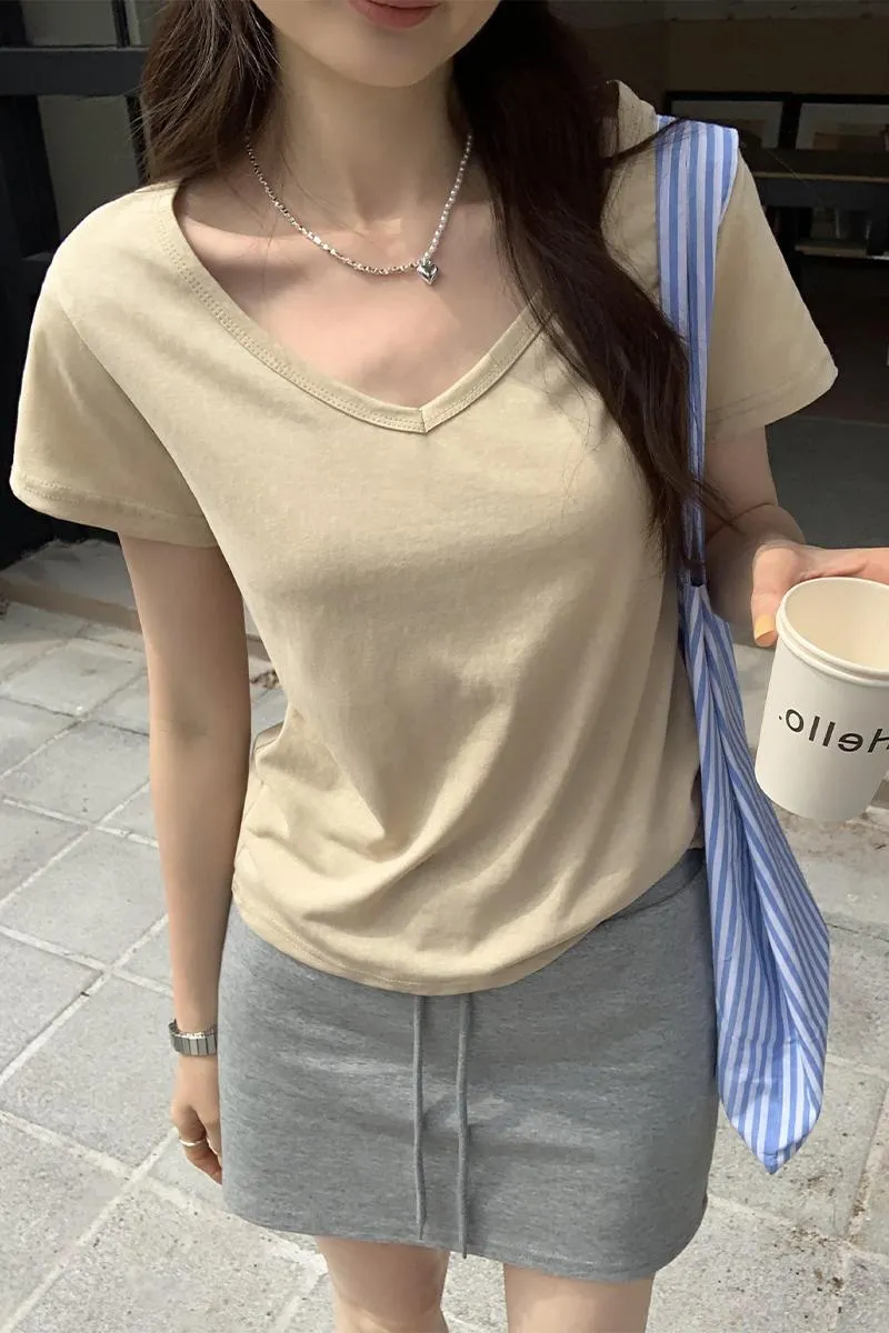 Simple V-Collar Solid Color T-Shirt Small Short-Sleeved T-Shirt Women's New Slim And Thin Underwear In Summer - Image 12