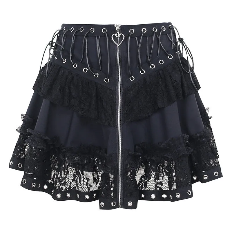 Znbbw Zipper Lace Splicing Tie Short Skirt Dark Summer Street Fashion Leisure Pleated Skirt - Image 2