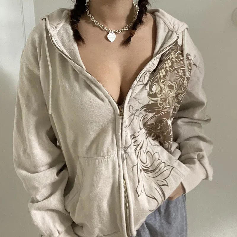 2025 Women's Dress Ins Autumn And Winter Street Hot Girls Retro Printed Zipper Hoodie Hooded Coat Woman - Image 5