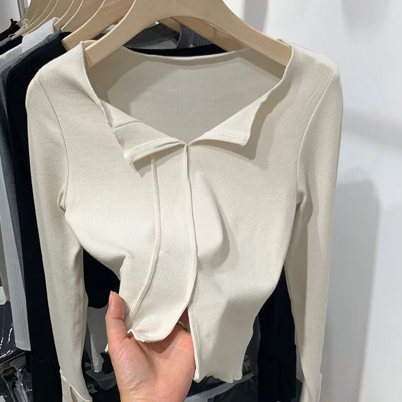 2025 New Spring And Autumn Style Solid Color Semi-Open-Necked Blouse With Split Sleeves And Slimming Short Style With Bottom Shirt - Image 7