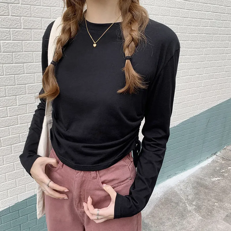 Summer Thin Style Design Rope Long-Sleeved T-Shirt Woman Waist Slim Solid Color Short-Style Sunscreen Blouse - Image 5