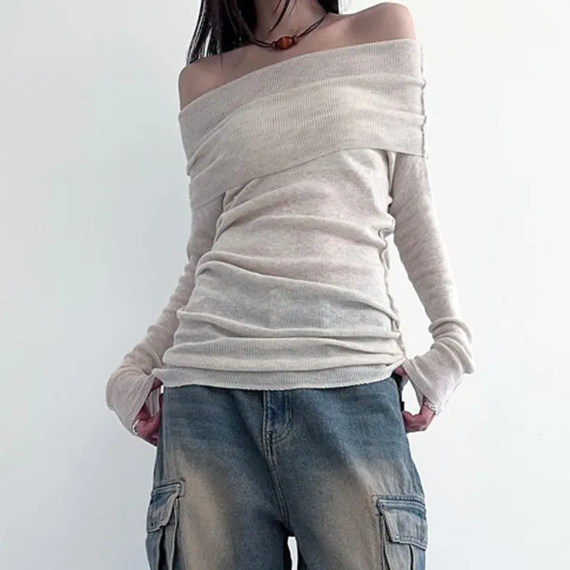 French-Style Shoulder Gentle Knitted Blouse Woman 2025 Early Autumn Solid Color Slim Showing Thin Shoulder Hot Girl Long-Sleeved T-Shirt - Image 3