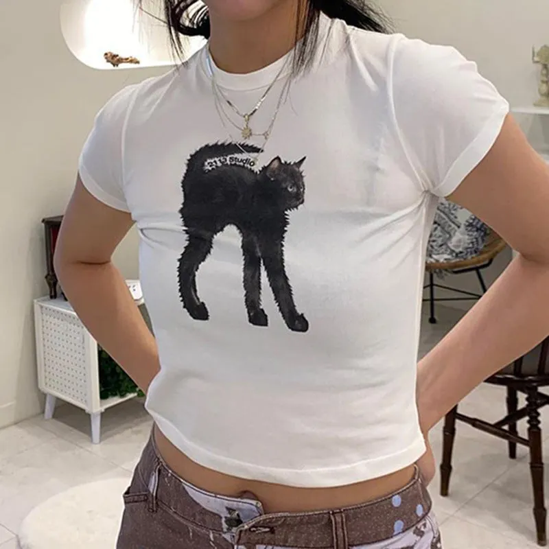 2024 Summer New Style Personality Trend Slim Style Black Cat Printed Short T-Shirt Women With Fried Hair - Image 3