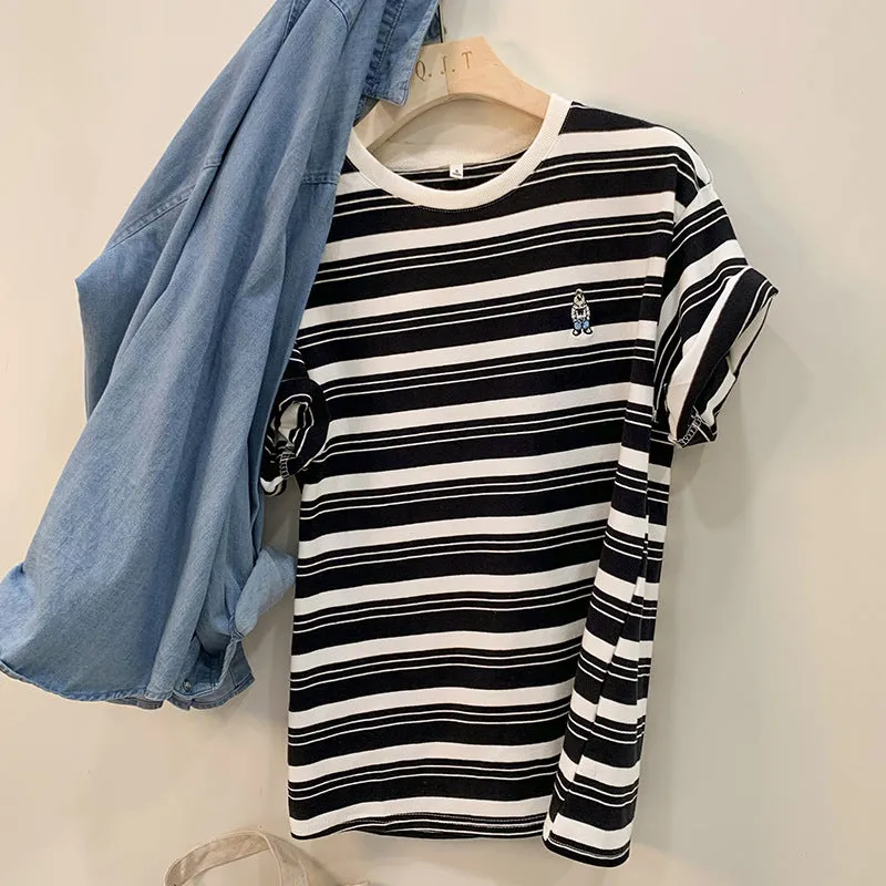 Shoulder Striped Short-Sleeved Embroidered T-Shirt Women's Summer New Design Chic Loose Leisure All-Purpose Commuter Shirt