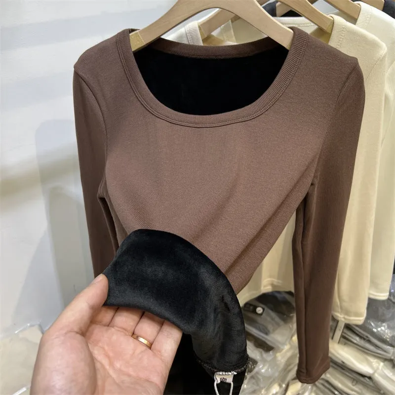 Znbbw Plush Underwear With White Bottomed T-Shirt With Low Round Neck And Long Sleeves In Autumn And Winter Integrated Velvet Warm Blouse