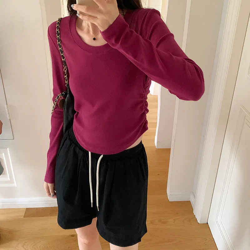 Znbbw Pleated Slim Bottomed Blouse Women Wear A Short T-Shirt With Long Sleeves In The New Autumn Style.