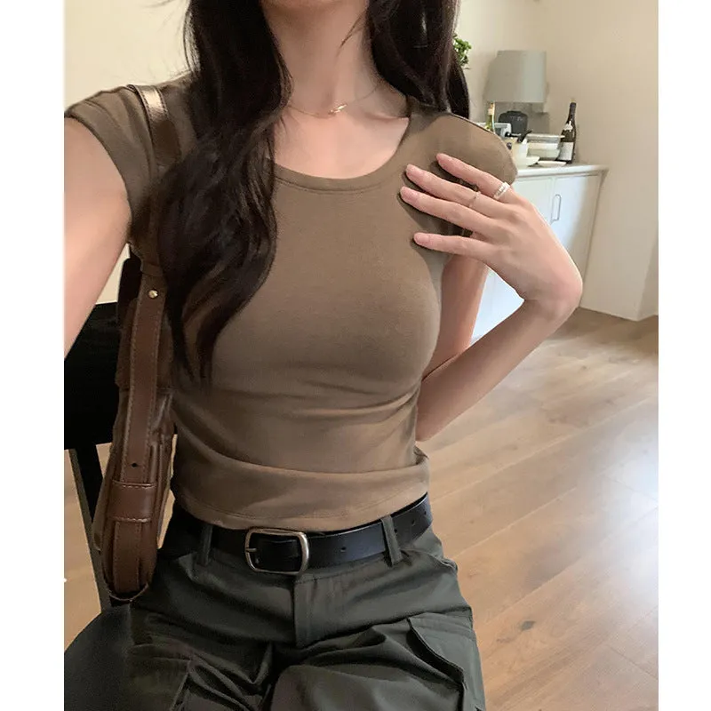 Korean Style Simple Shoulder Short-Sleeved T-Shirt Women's Summer Thin Style Design Feeling Solid Color Full-Fitting Spicy Girls Short-Style Blouse - Image 7