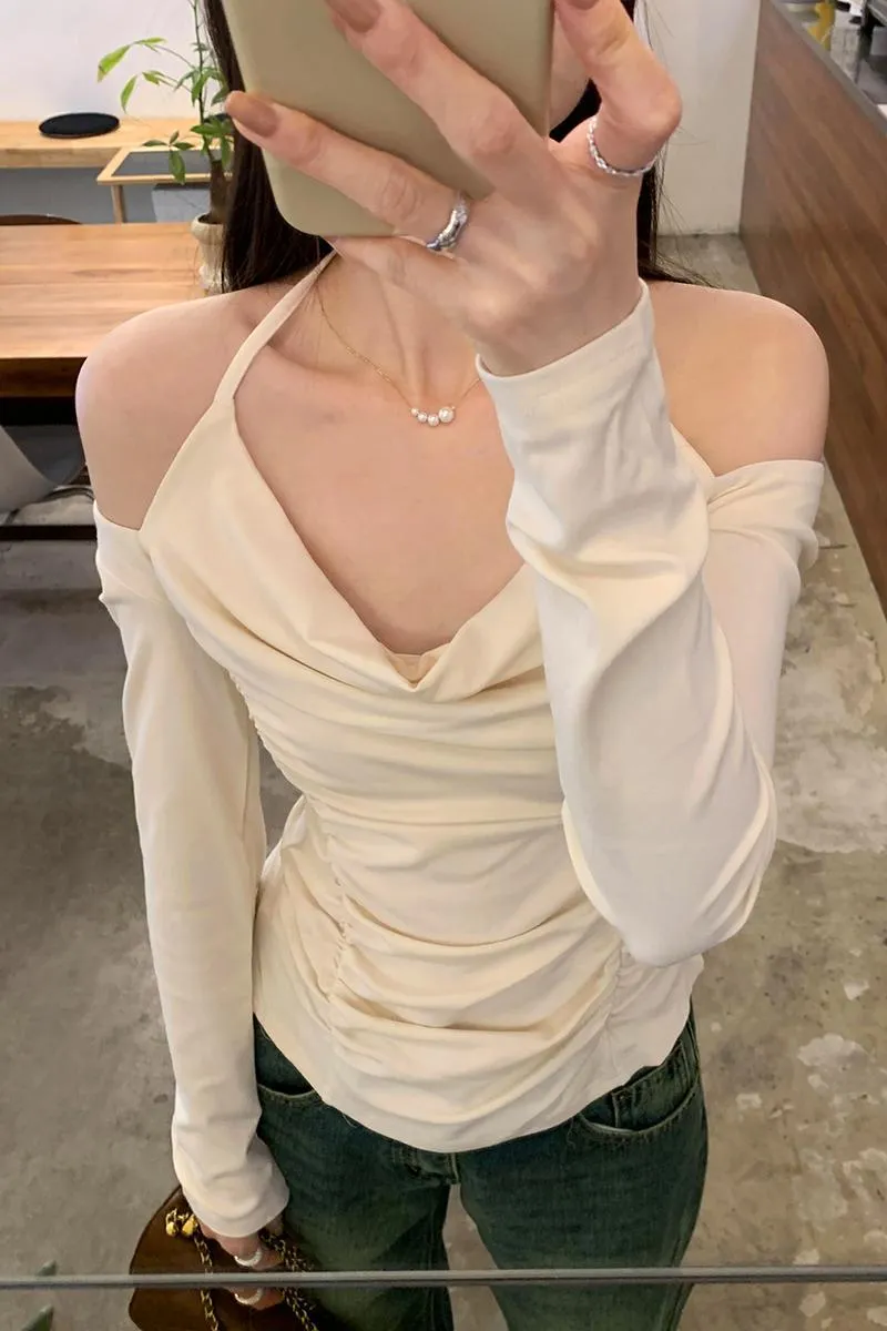 French Chic Shoulder-Exposed Shoulder Collar Long-Sleeved T-Shirt Women's Early Autumn New Pleated Thin Blouse - Image 9