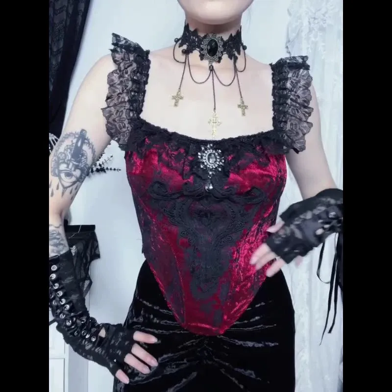 Znbbw Autumn New Dark Composite Lace Blouse Female 2024Ins Online Celebrities With The Same Waist Splicing Sling - Image 8