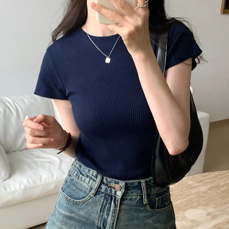 Classic Basic Grey Shoulder T-Shirt Women's Short-Sleeved Round-Necked T-Shirt Threaded To Show A Thin Blouse In Summer - Image 5