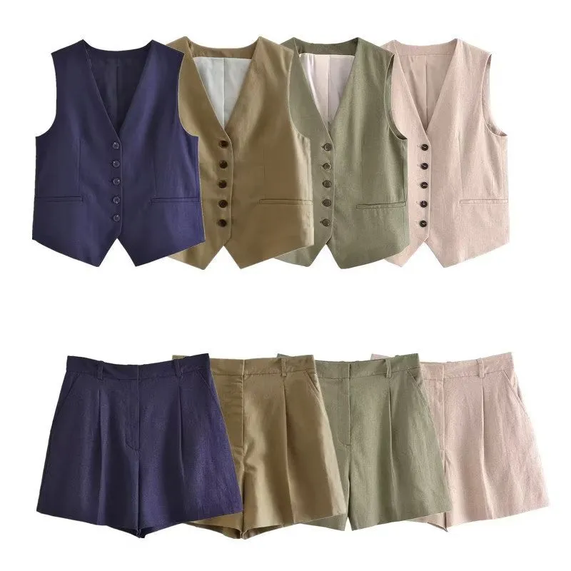 Znbbw Autumn Style New Style Tooling Style Solid Color Slim Vest Shorts Leisure Suit - Image 17