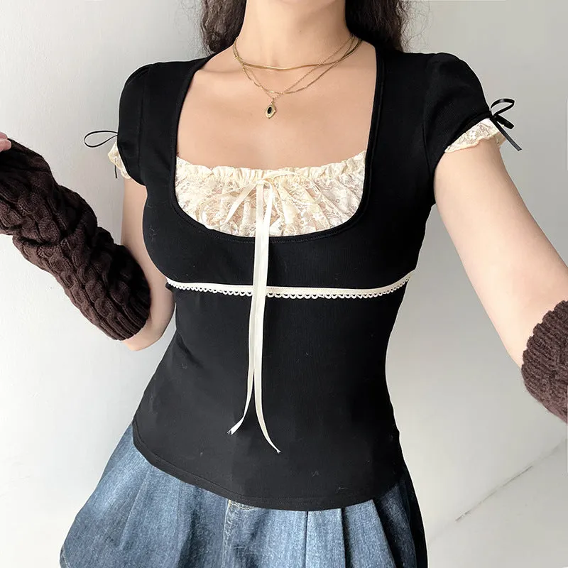 Street Fashion Winter Ebay Color Splicing Lace Square Tie Fresh And Sweet Blouse Girl - Image 6