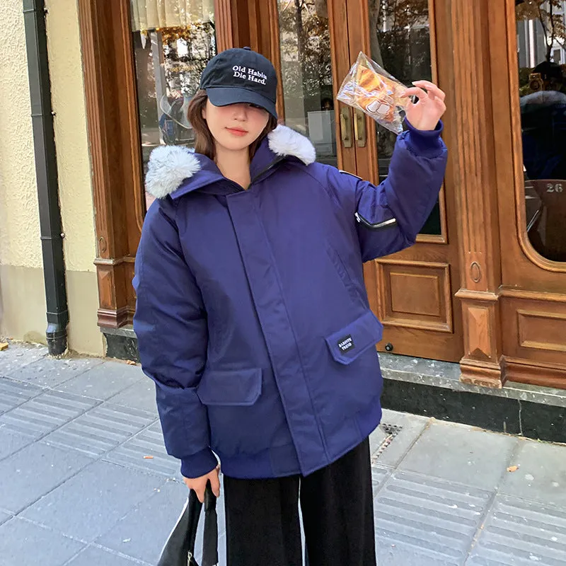 Navy Blue Wool Collar Parker Cotton Suit Women's Winter New Thickened Warm Oversize Padded Coat - Image 6