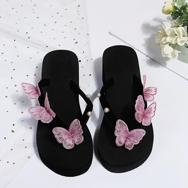 New Butterfly Flip-Flops Thick Bottom Slope With One Word With Pearl Large Size Beach Cool Flip-Flops - Image 8