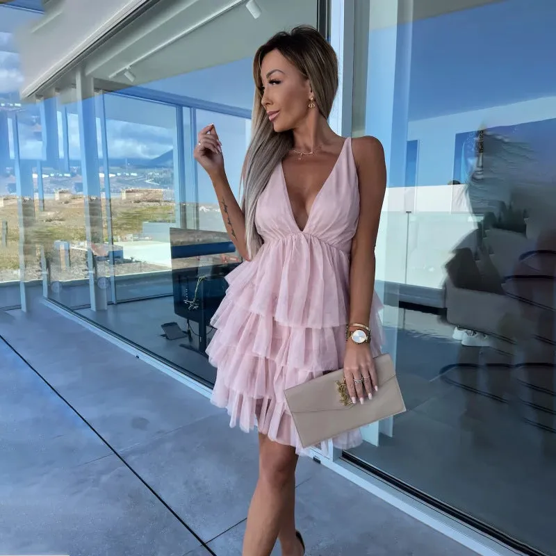 Znbbw Asian Summer Hot-Selling Net Dress INS Style Casual Backless Sexy Multi-Layer Dress Women