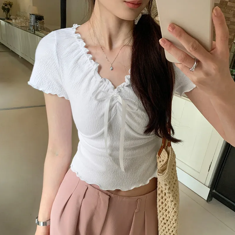 French Style V-Neck Wooden Ear Pleated Short-Sleeved T-Shirt A New Short-Style Foreign-Style Waist Blouse For Women In Summer - Image 8