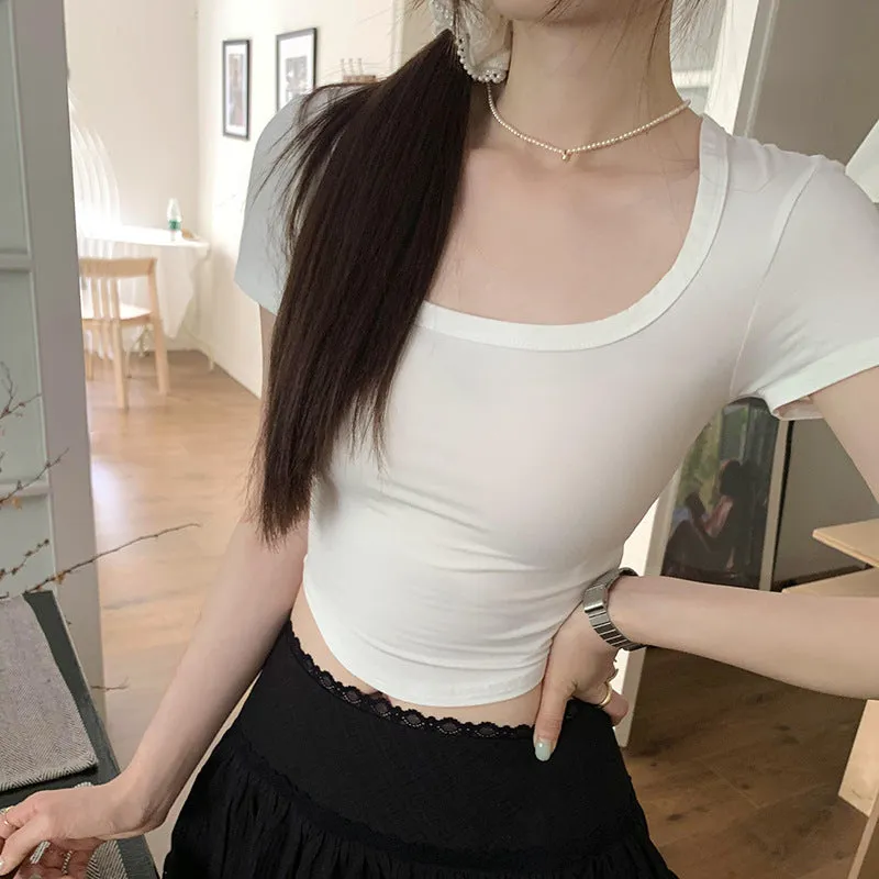 French Waist-Pinch Shoulder-Slimmed Short-Sleeved T-Shirt Women's Summer 2024 New Style Cool Sa Tug Elder Sister Short Style Waist Blouse - Image 7
