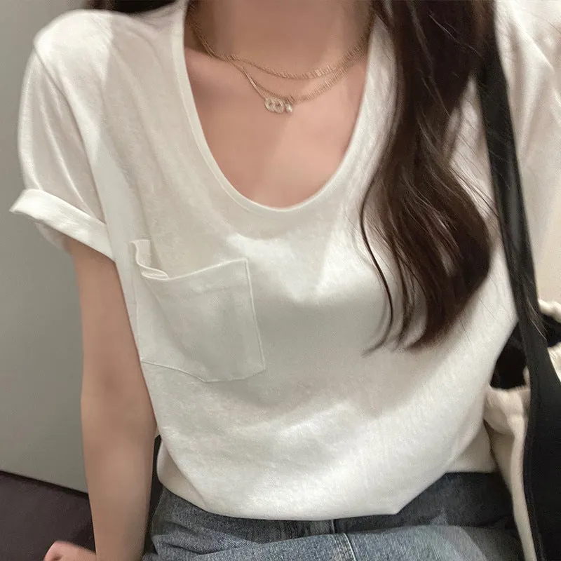 Sweet Cool Spicy Girls Korean Version Of The Shoulder Low-Collar Short-Sleeved T-Shirt Women's New Design Feel Tight Show Thin Bottomed Blouse - Image 5