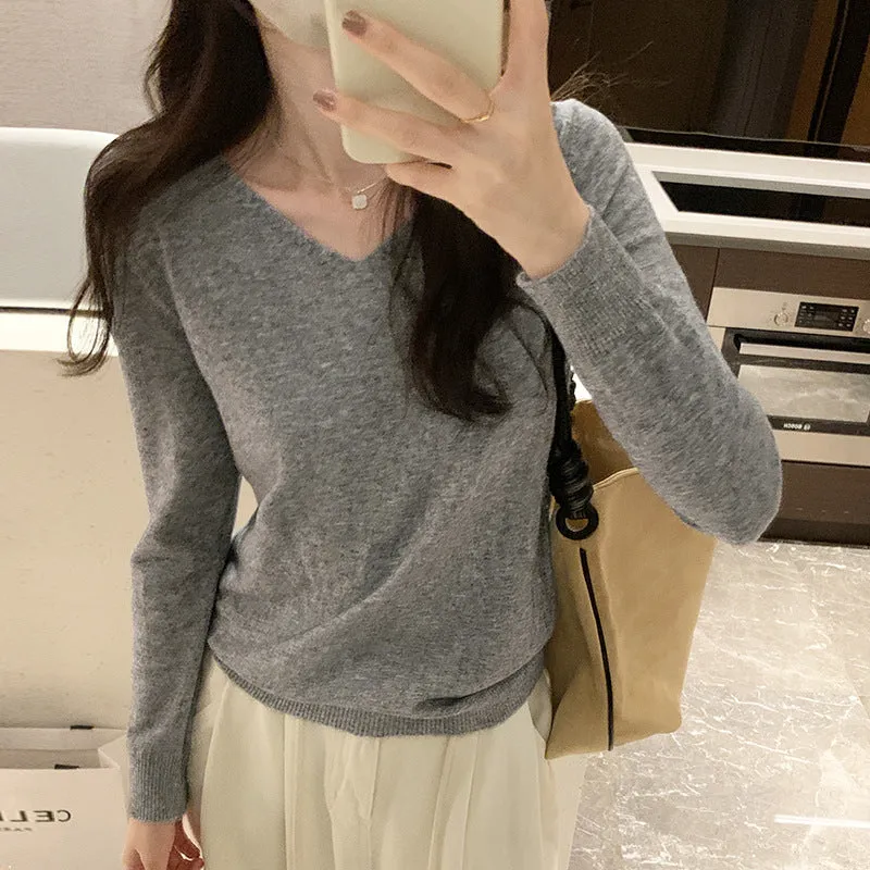Znbbw V-Collar Solid Color Long-Sleeved Warm Bottomed Sweater For Women To Wear A New Loose Sweater In Autumn And Winter - Image 11