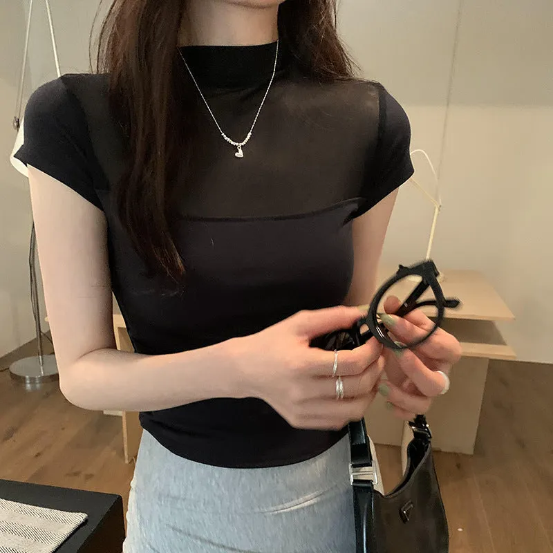 Spicy Girls Foreign Style Simple Net Gauze Spliced Half-High-Collar T-Shirt Spring And Summer New Thin Solid Color Short-Sleeved Blouse
