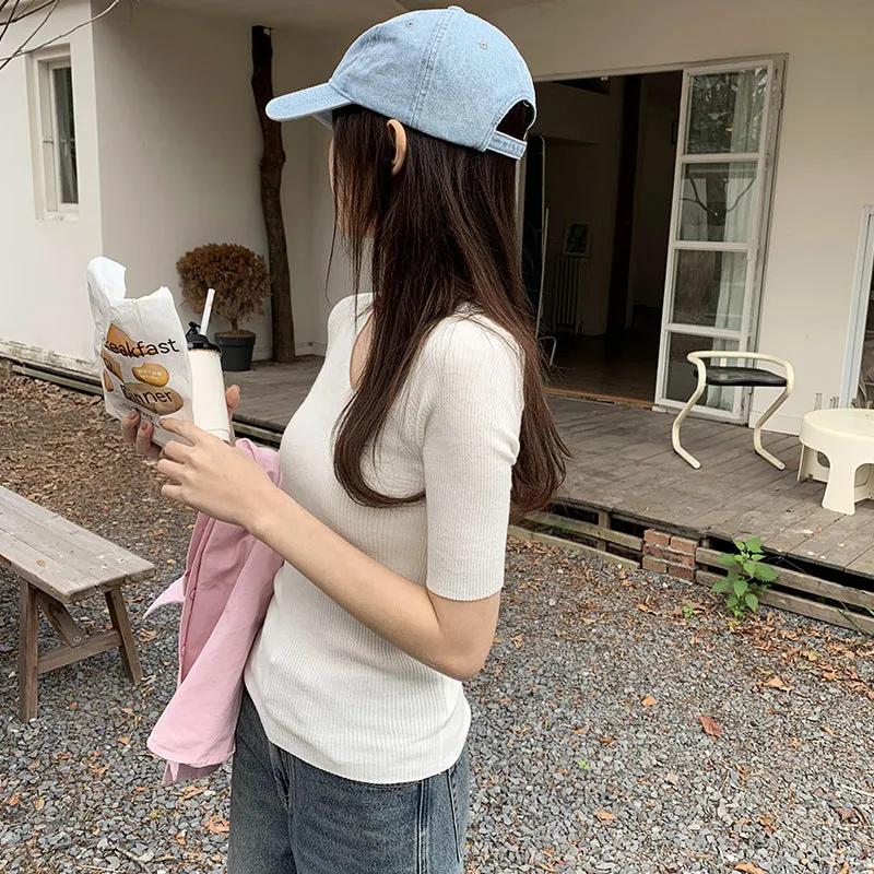 V-Neck Slim Short-Sleeved Sweater Women's Spring And Summer New Thin Medium-Sleeved T-Shirt Five-Cent Sleeve Blouse - Image 4