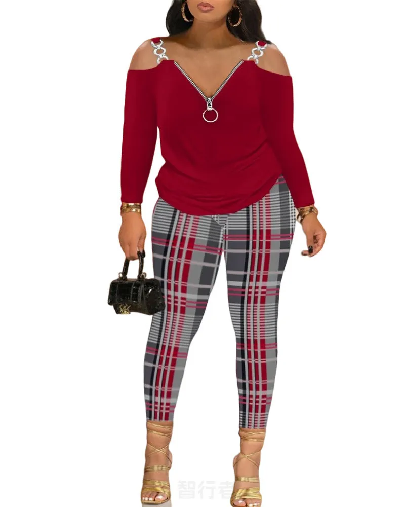 Znbbw Autumn And Winter Women's Wear New Shoulder Spliced Long-Sleeved Printed Trousers Two Sets - Image 4