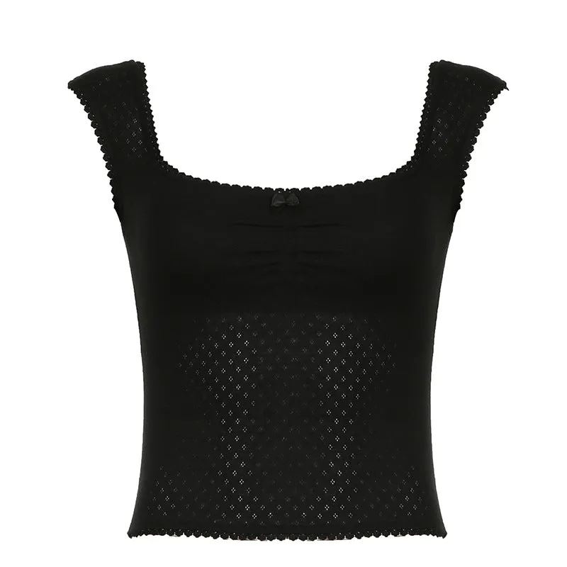 Gentle Style Small Lace Pleated Square Collar Short-Sleeved T-Shirt Ins Girls Fresh Wear Bare-Back Blouse 2024 - Image 5