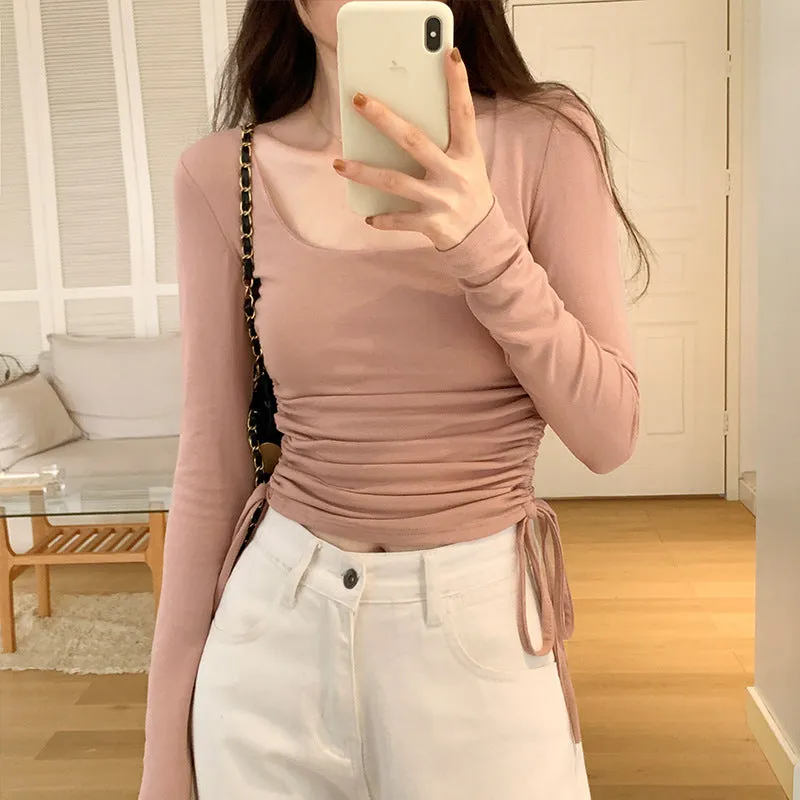 Znbbw Girls' Solid Color Square Collar Long-Sleeved T-Shirt The New Autumn Style Is Slim, Slim And Underwear.