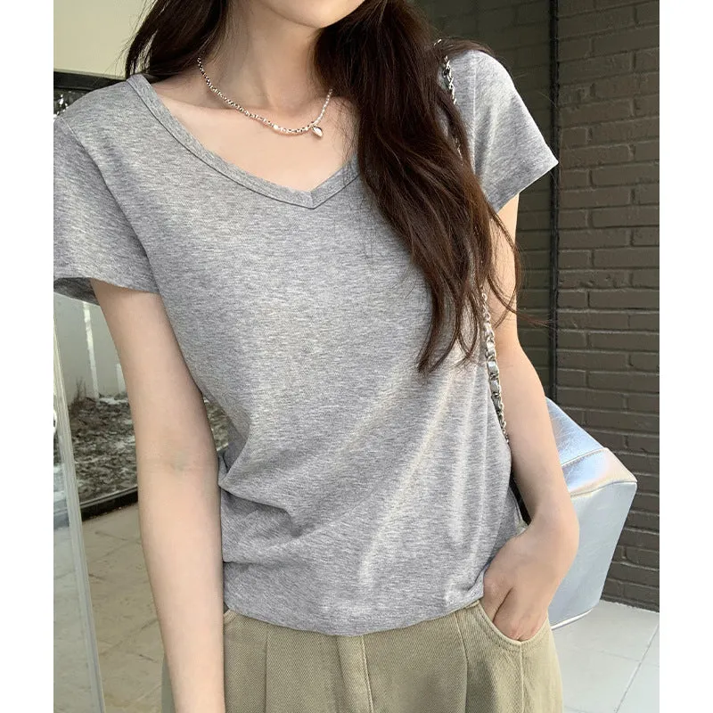 Simple V-Collar Solid Color T-Shirt Small Short-Sleeved T-Shirt Women's New Slim And Thin Underwear In Summer - Image 5