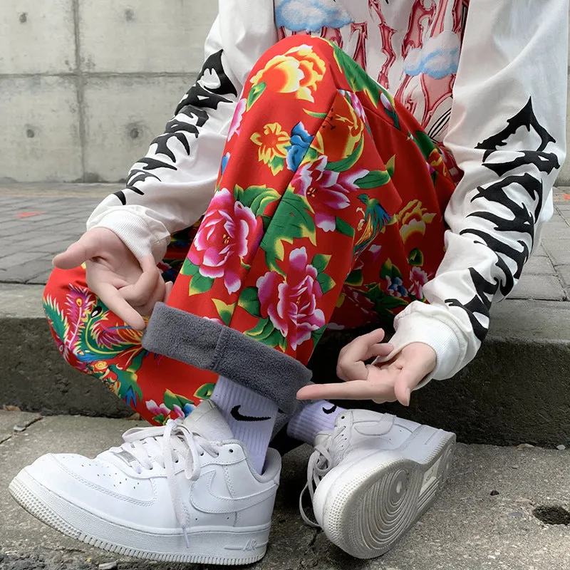 Big Flower Leisure And Velvet Foot Casual Pants Large Size Chinese Wind Peony National Characteristics And Velvet Big Flower Pants - Image 2