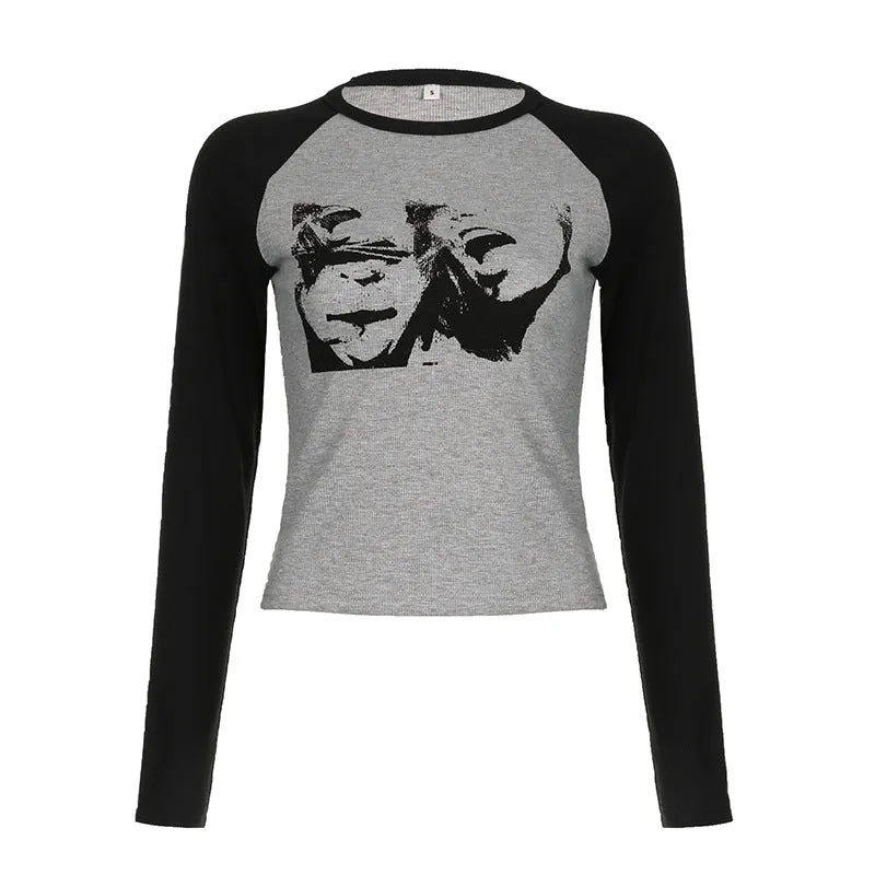 Street Portrait Printed Shoulder-Inserted Long-Sleeved T-Shirt 2024 New Retro Slim And Skinny Bottom Shirt