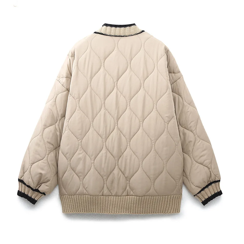 Znbbw And Winter New Tricolor Knitted Spliced V-Collar Loose Version Cotton Jacket - Image 4
