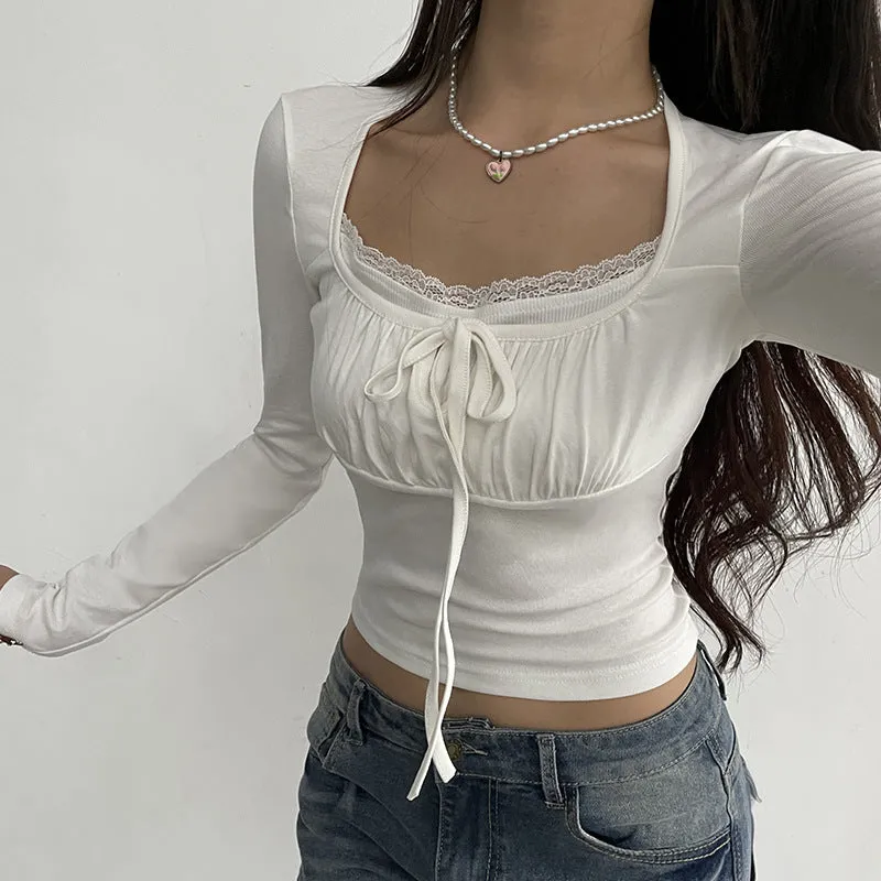 Pure Lace Pleated Chest-Shaped Slim Long-Sleeved T-Shirt 2025 New Style - Image 8