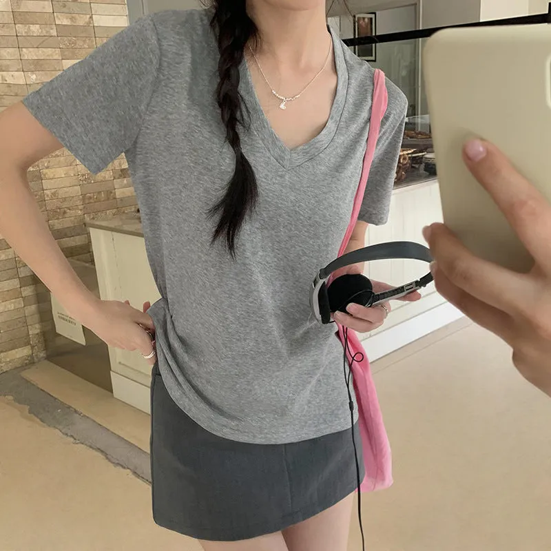 Basic Shoulder V-Collar Short-Sleeved T-Shirt Women's Summer New Korean Version Of Slim Design Feel Bottomed Shirt Casual Top Trend - Image 2