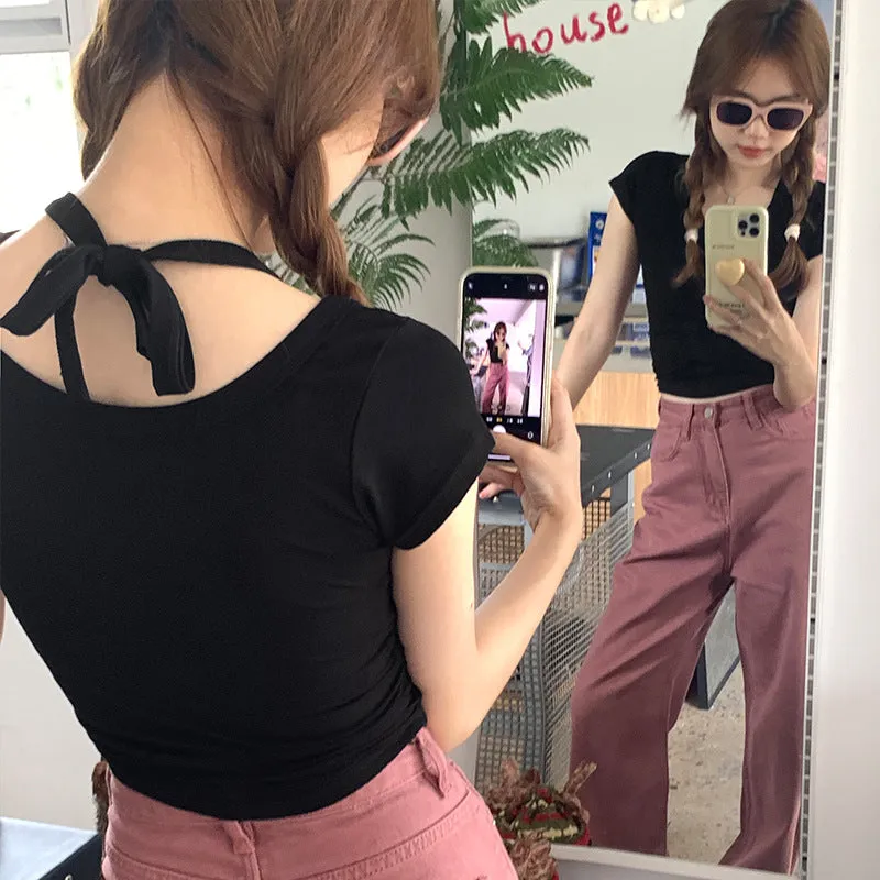 Pure Desire Hot Girls Design Sense To Hang Neck U-Collar Short-Sleeved T-Shirt Summer New Style Waist Shows Slim All Kinds Of Short Style Blouse Trend - Image 8