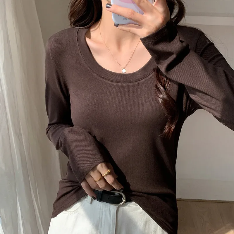 Znbbw Threaded U-Collar Long-Sleeved Bottomed Shirt In Early Autumn New Plain Color Simple And Slim Blouse